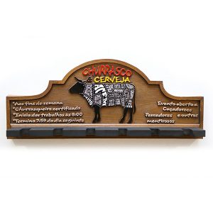 Placa Porta-espetos em fibra - Churrasco e Cerveja - Suporte Copos / Porta-Espetos